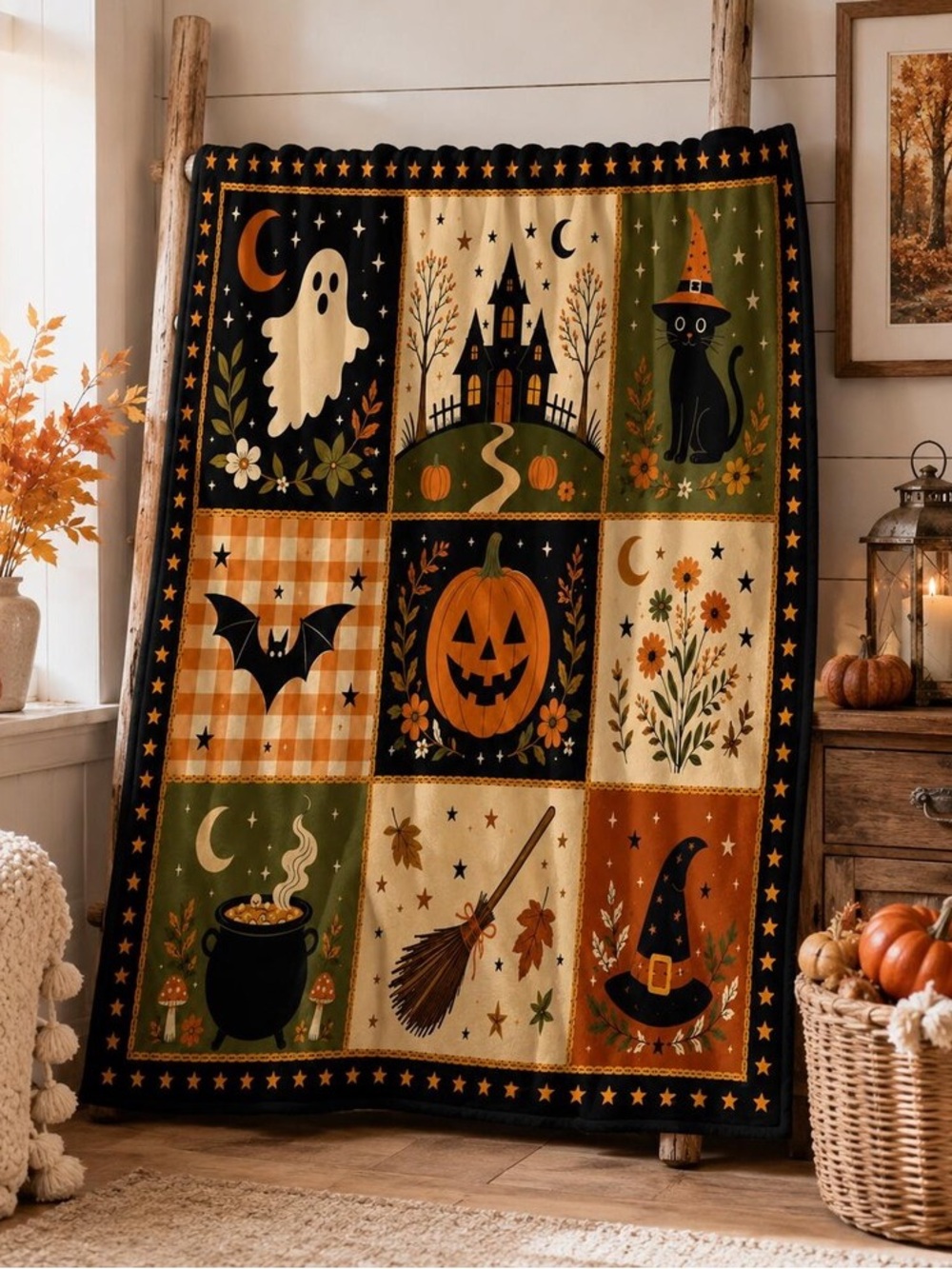 Halloween Patchwork Throw Blanket - Black, Orange, Green, Cream